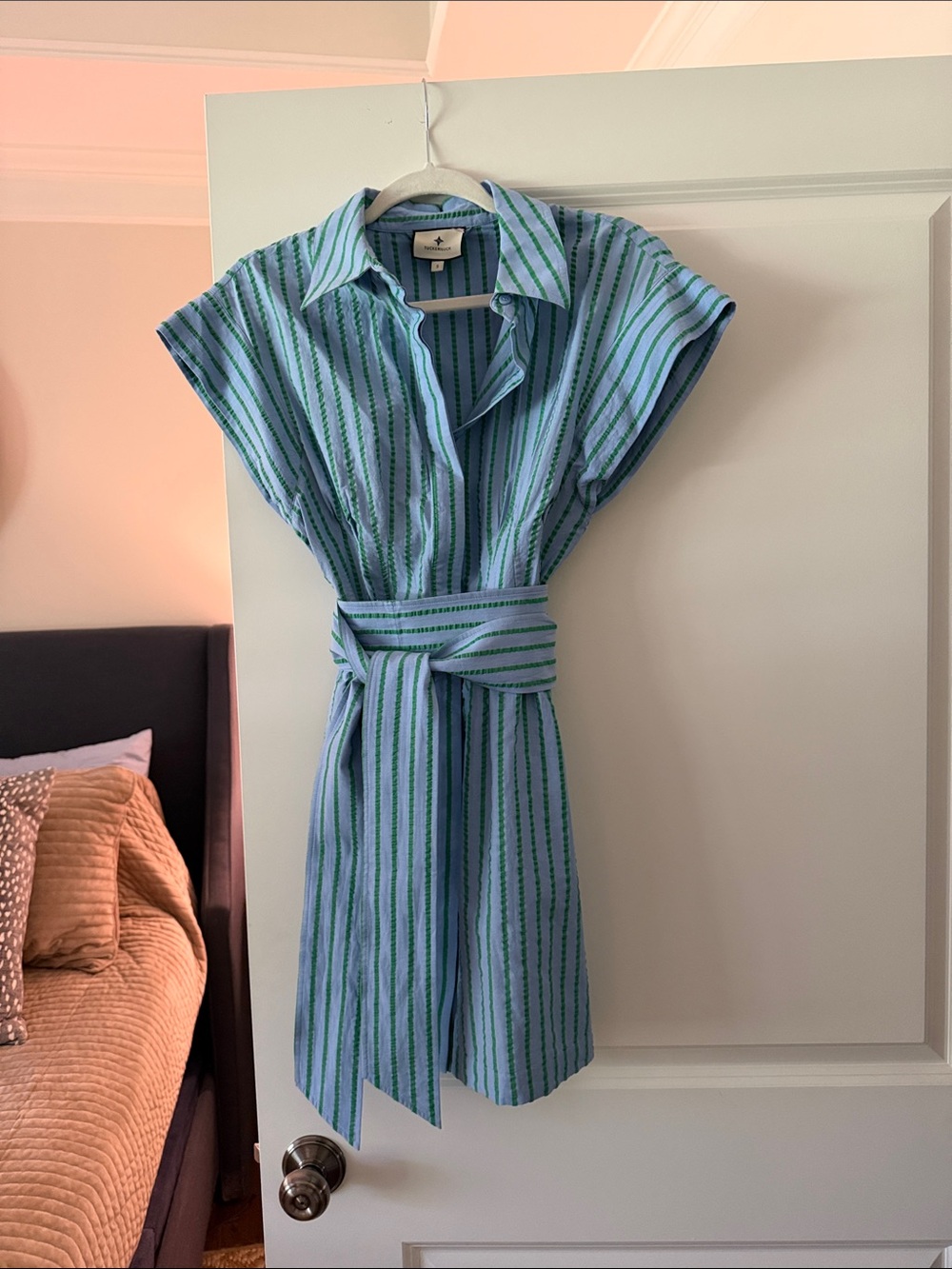 Tuckernuck Blue & Green Striped Shirt Dress with Waist Tie